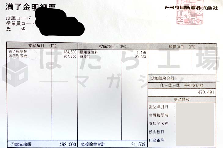 トヨタ期間工　1年の満了金